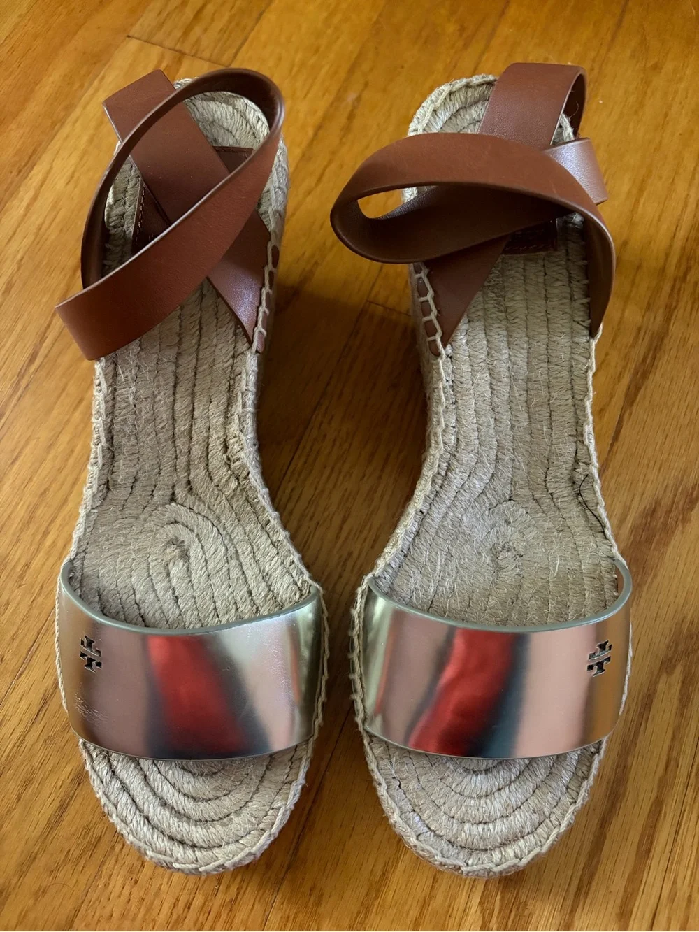 Tory Burch Bima 2 Metallic Platform Espadrille Wedge Sandals Sz 9 Summer Lux EUC